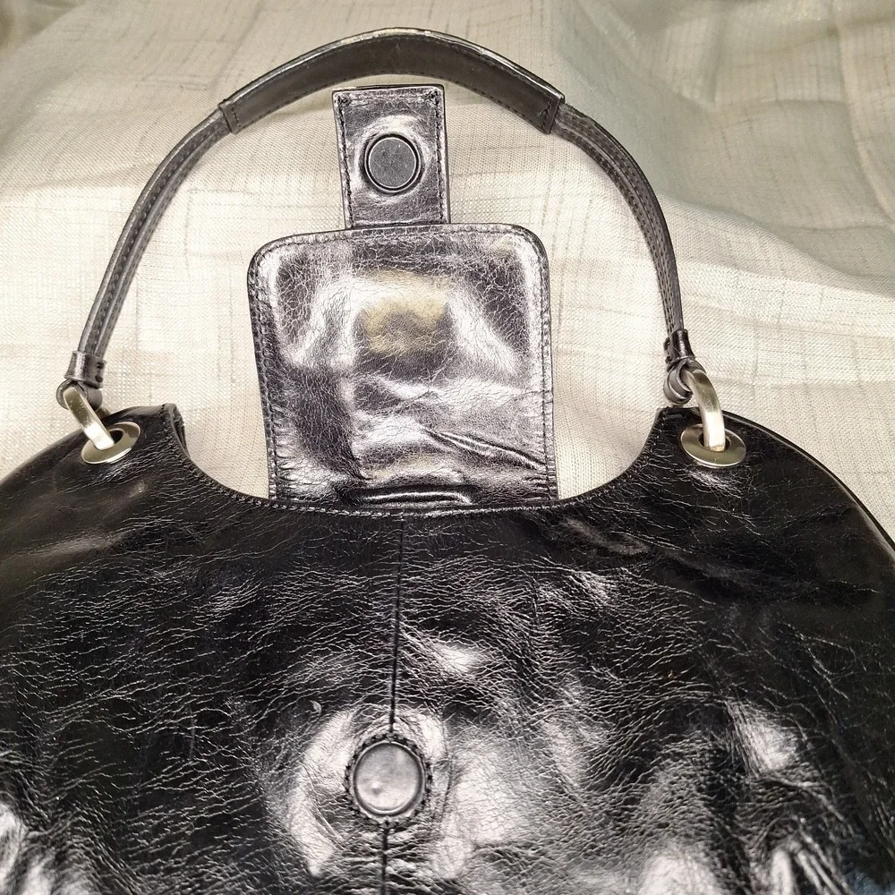 Kenneth Cole New York Black Leather Med Small Hobo Buckle Accent Handbag Purse
